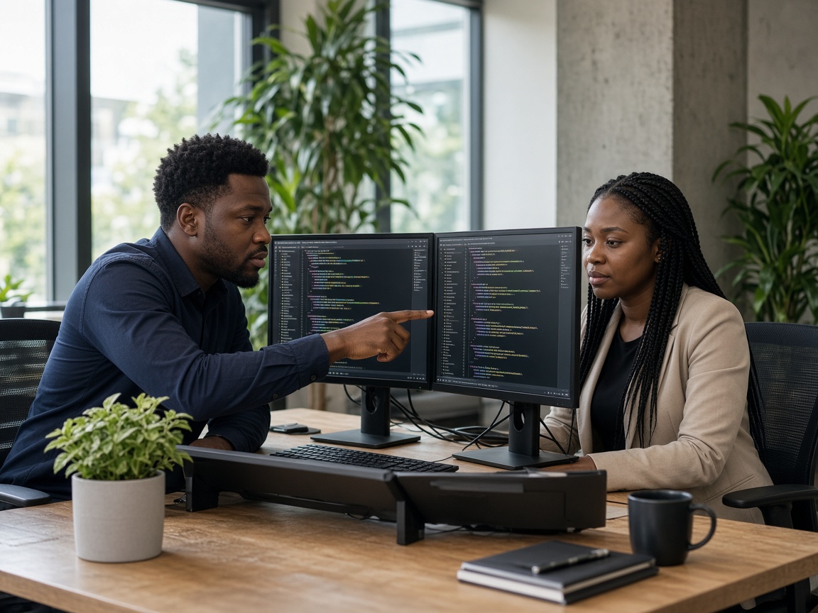 Engineers pairing on a custom software build
